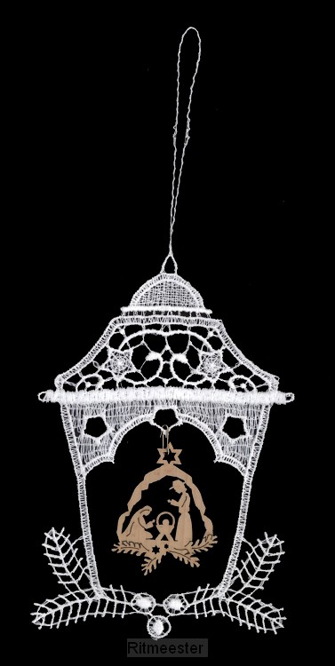 Lace hanger Lantern with wood nativity o