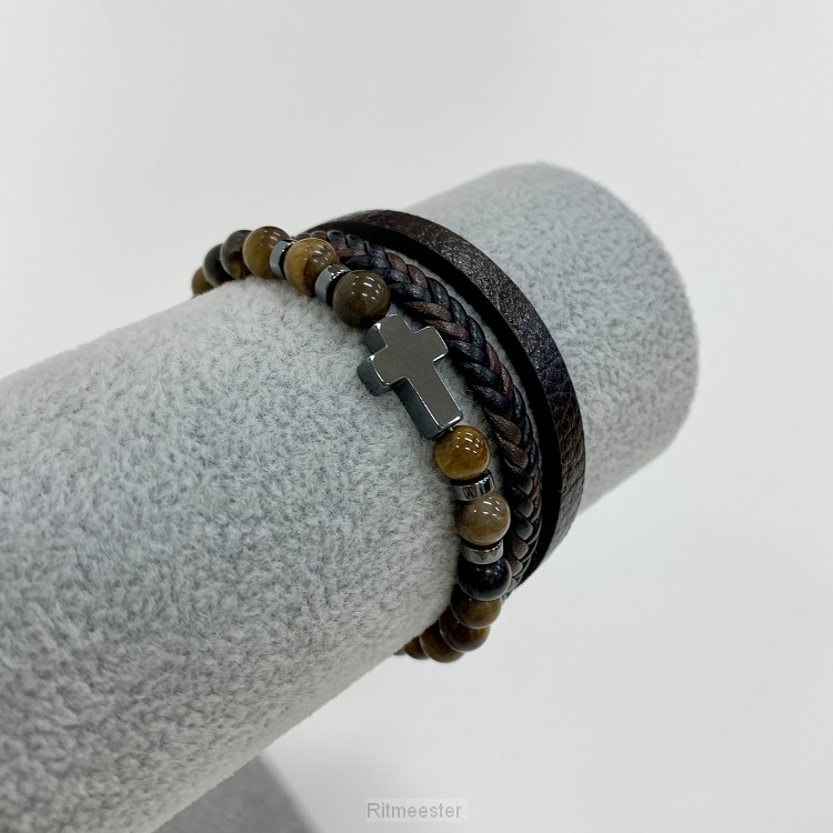 Armband leer/kralen kruisje bruin 21cm