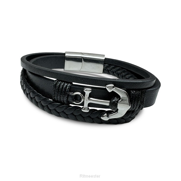 Leren armband zilver anker 21,5cm