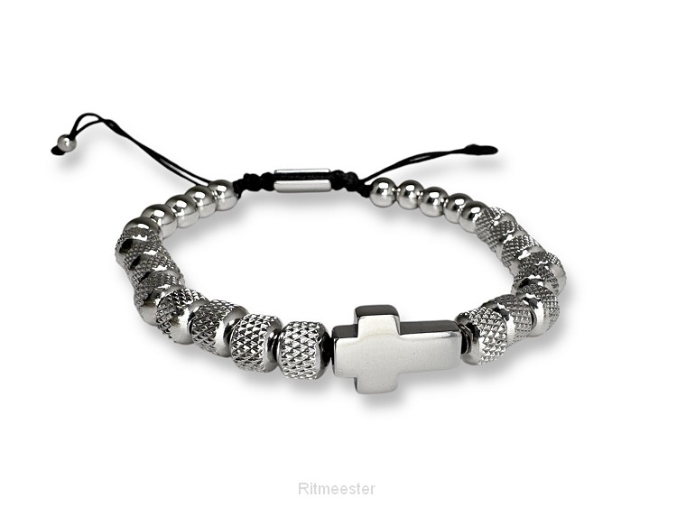 Armband  RVS kralen kruisje zilver