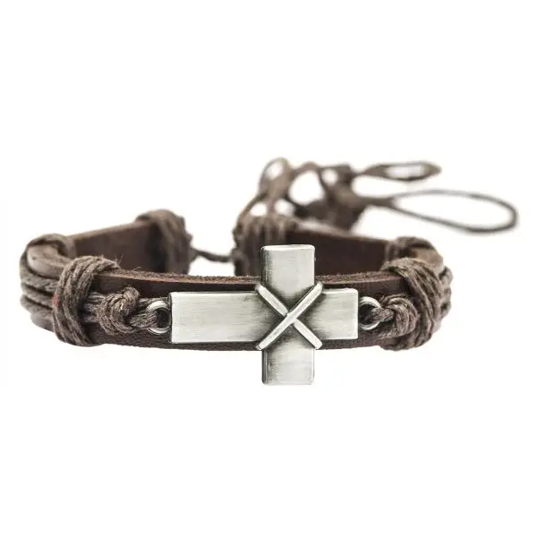 Armband leer met metalen kruis 1cm breed